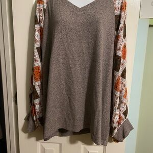 Maurices Brown Sweater with Orange Patterned Sleeves